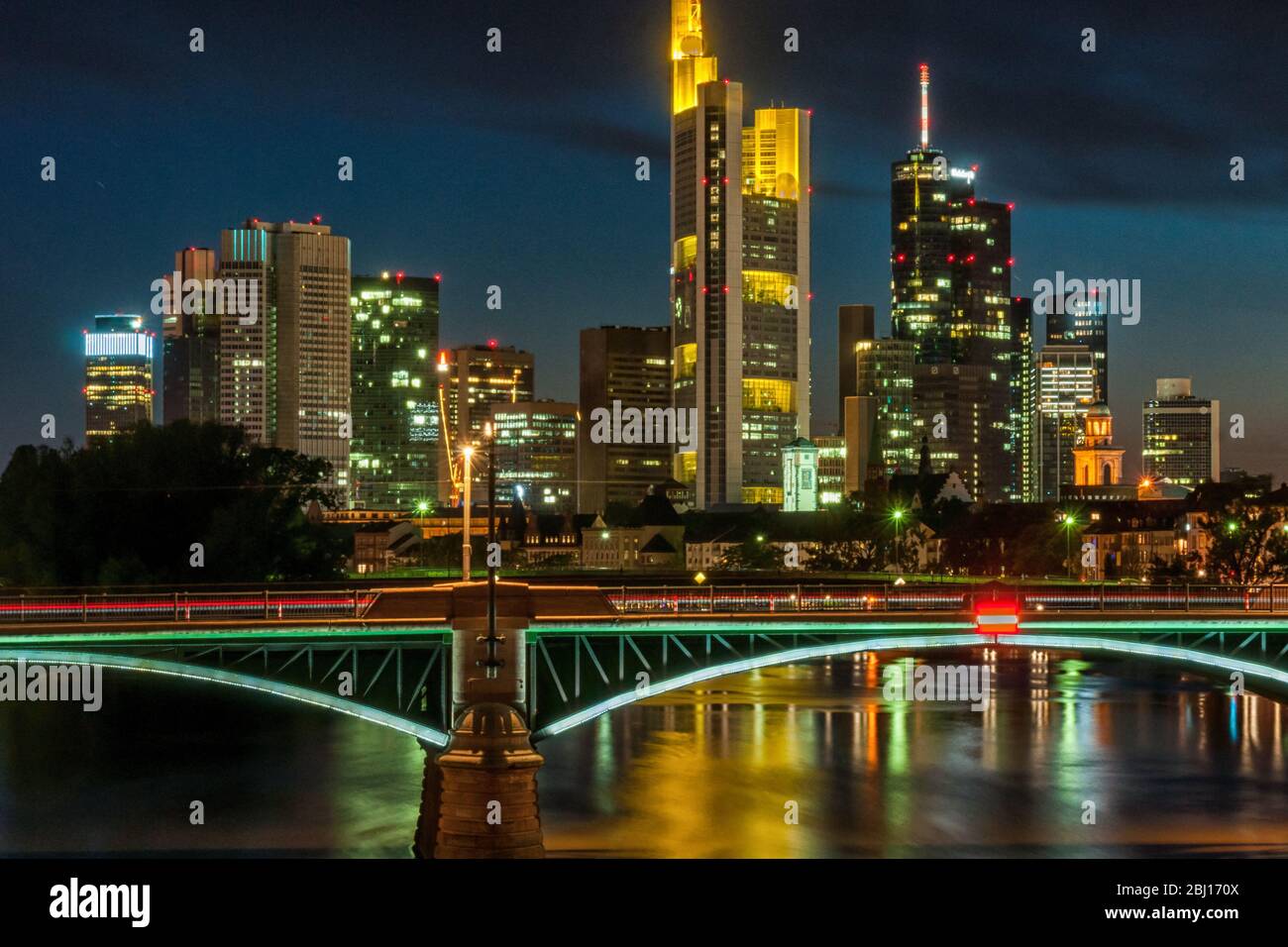 The Ignatz-Bubis bridge in Frankfurt am Main at night Stock Photo