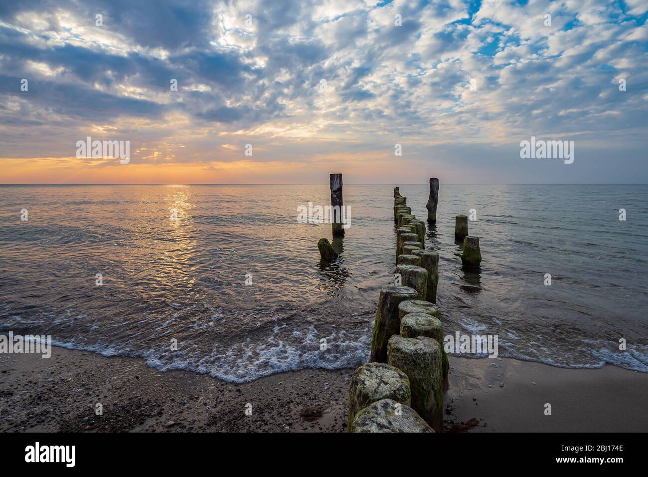 Groynes on shore of the Baltic Sea in Graal Mueritz, Germany. Stock Photo