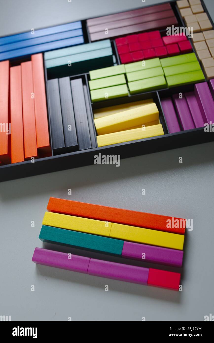 Cuisenaire rods educational toy tool for teaching and learning mathematical concepts Stock Photo