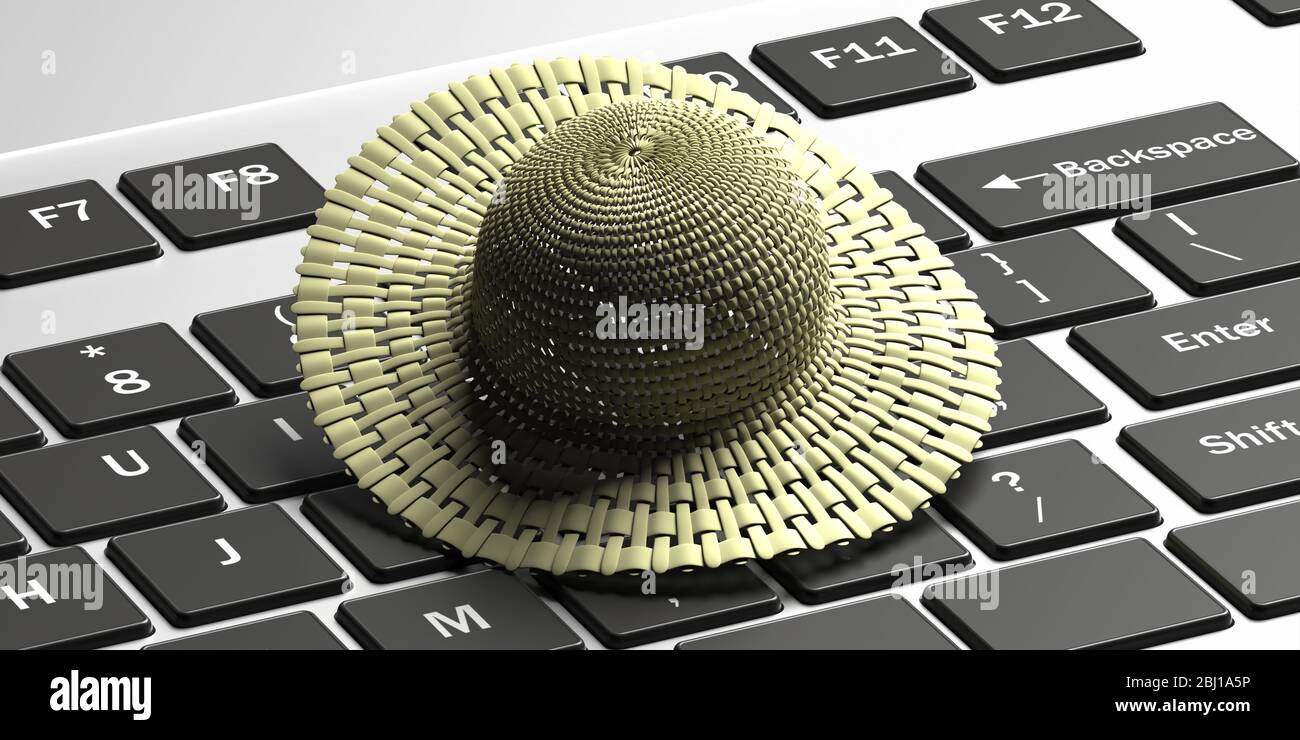 Summer straw hat on computer laptop background. Beach head accessory ...
