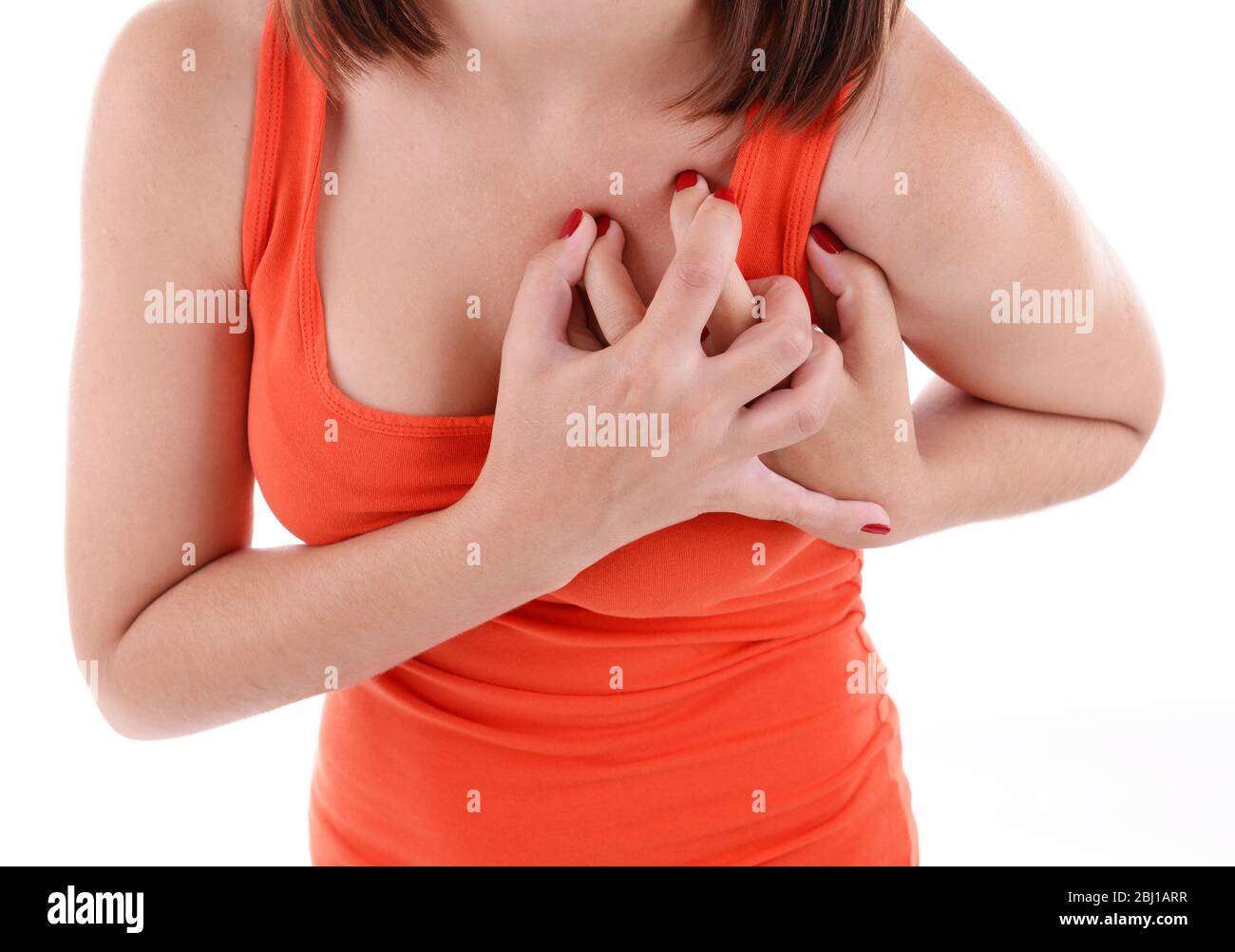 Woman having chest pain - heart attack. On white background Stock