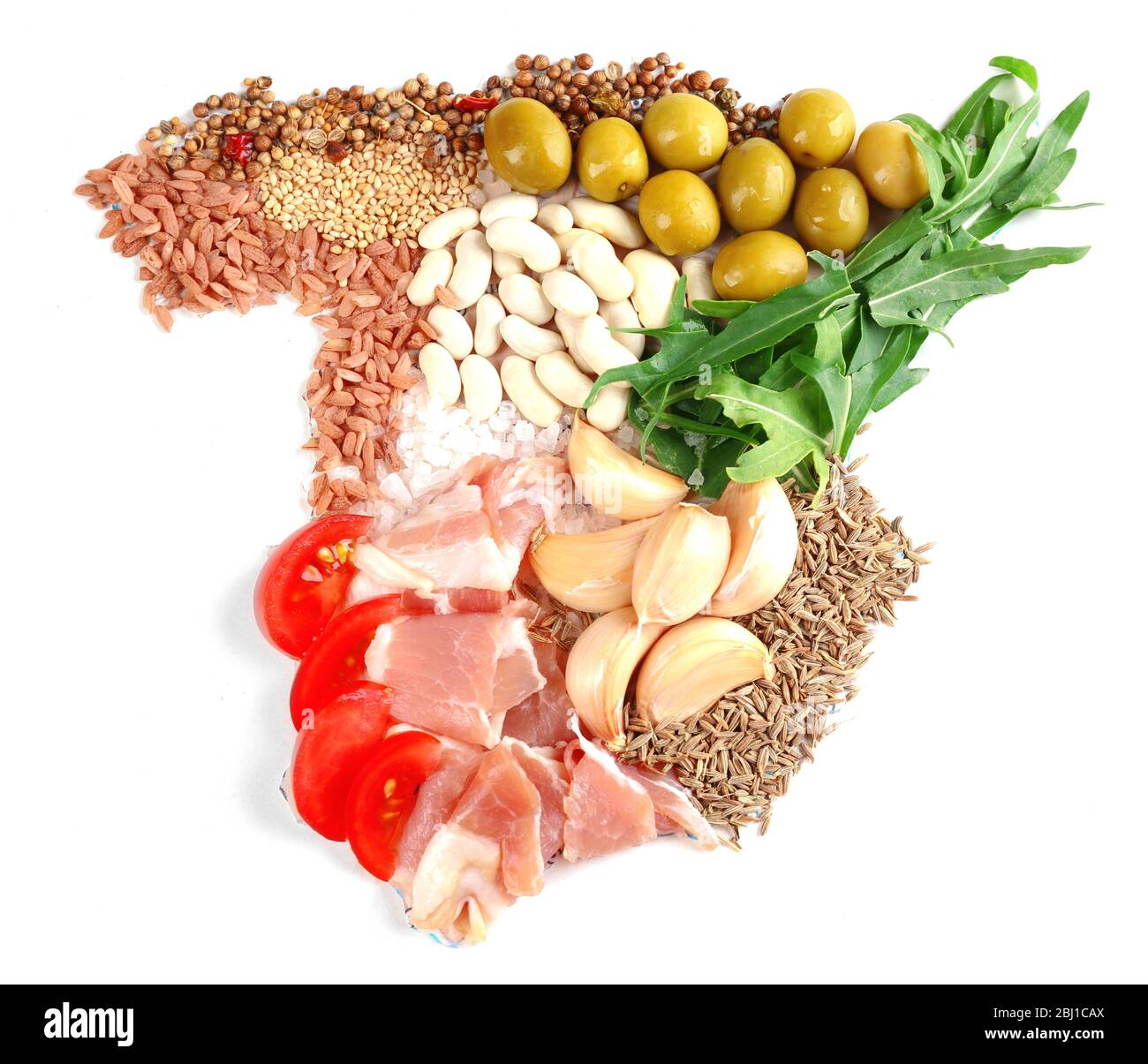 Map of Spain made with ingredients of traditional Spanish cuisine Stock
