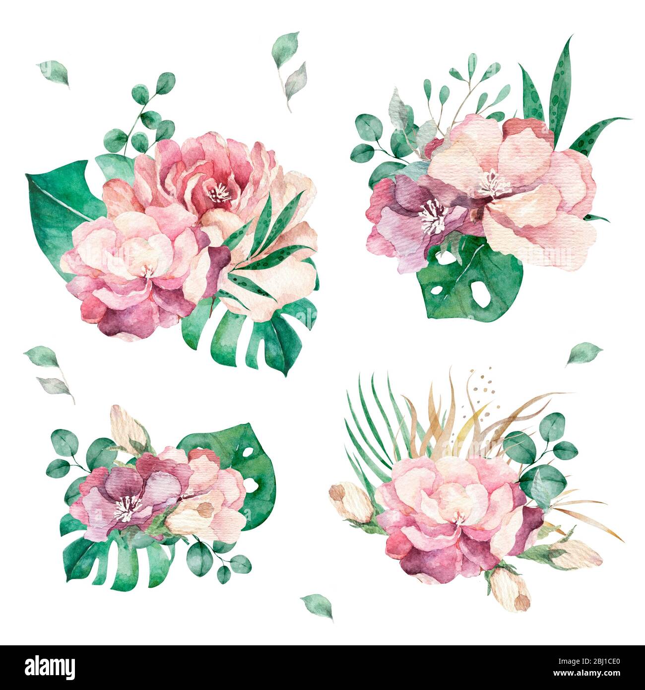 Hand drawn watercolor set of bouquet with red, white and blue roses, peony and lilac flowers and green leaves. Isolated on white background for Stock Photo