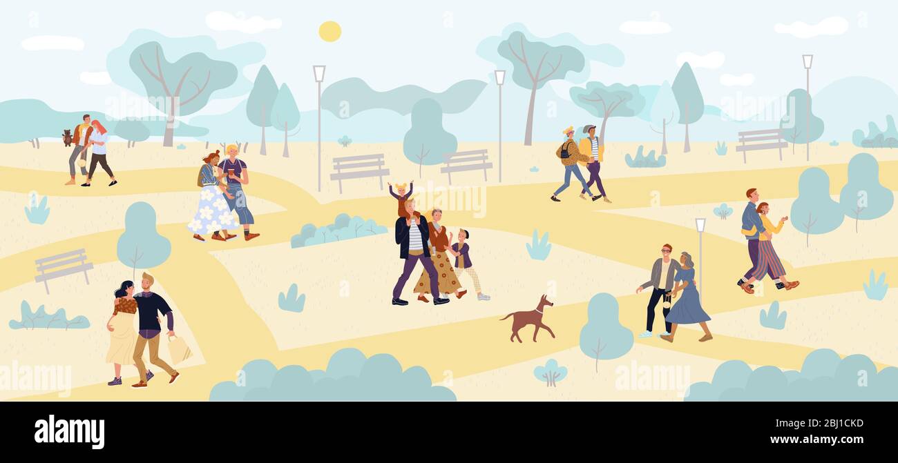 Hugging family couple walking in park enjoy rest Stock Vector Image ...