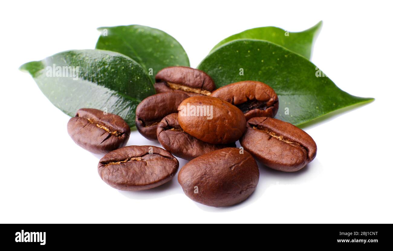 Coffee beans with leaves isolated on white Stock Photo - Alamy