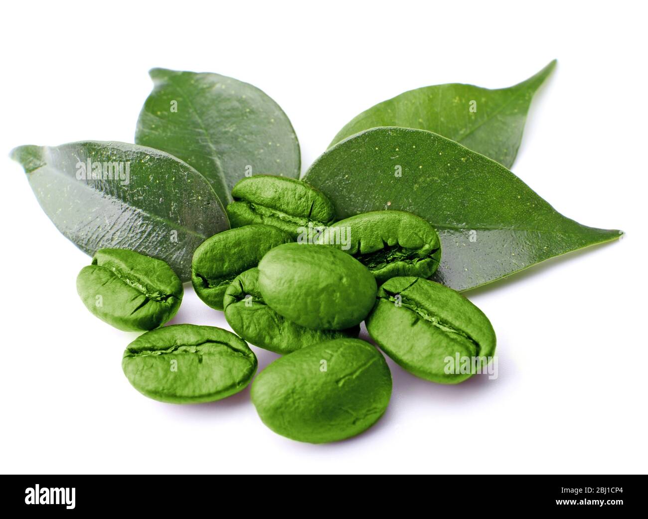 Coffee beans with leaves isolated on white Stock Photo - Alamy