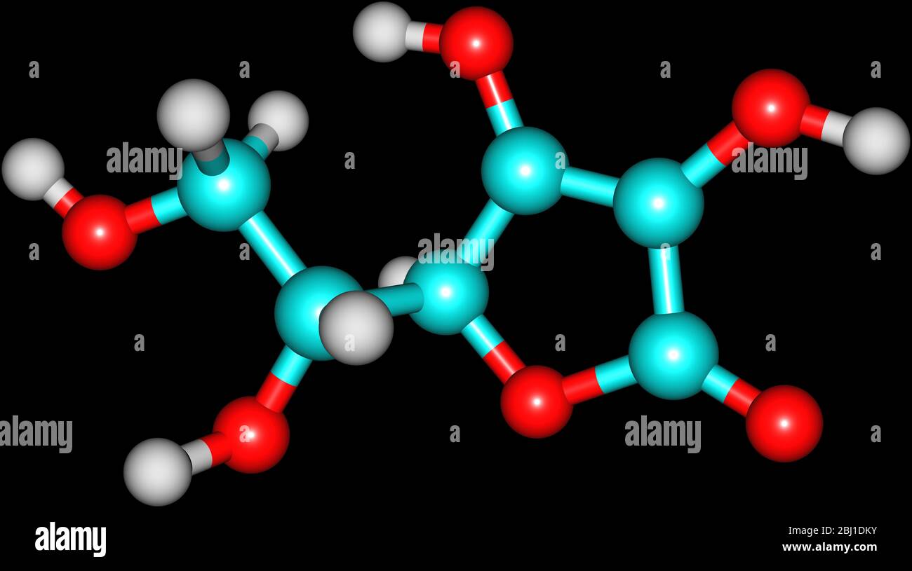 Structural model of Ascorbic Acid, known as Vitamin C. Isolated on