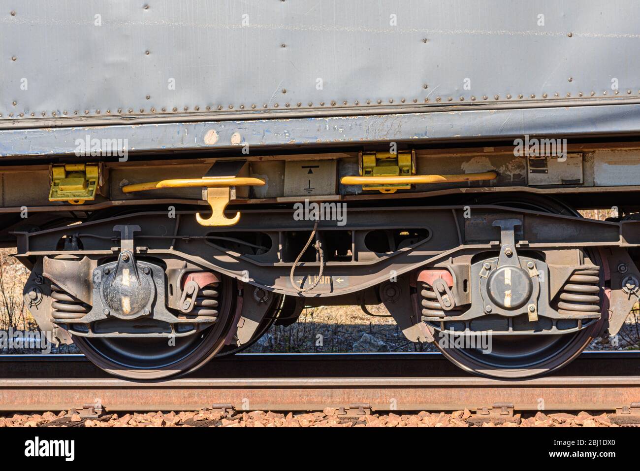 Wheel suspension on Swedish railway carriage, picture from Mellansel Vasternorrland, Sweden. Stock Photo