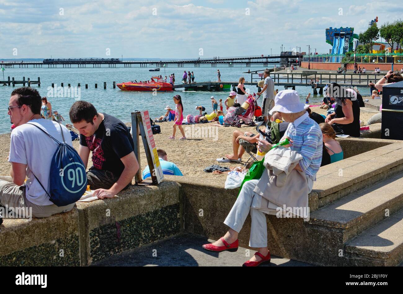 The crowded seafront at Southend on Sea on a hot summers day, Essex England UK Stock Photo