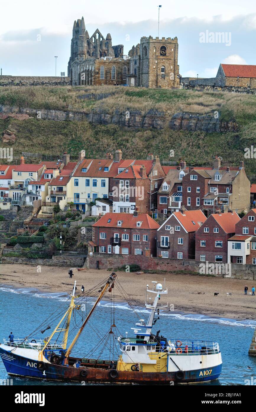 Whitby Abbey and the church of St.Mary with the old town and River Esk in the foreground, Whitby North Yorkshire England UK Stock Photo