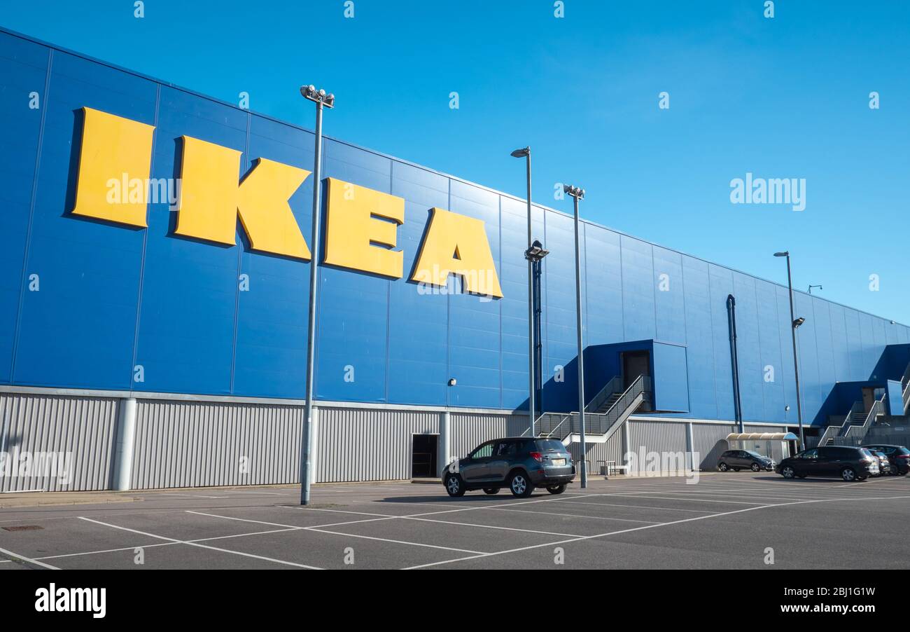 Ikea, Tottenham, London. The iconic yellow and blue branding on the North London Ikea store complimented with blue sky copy space. Stock Photo