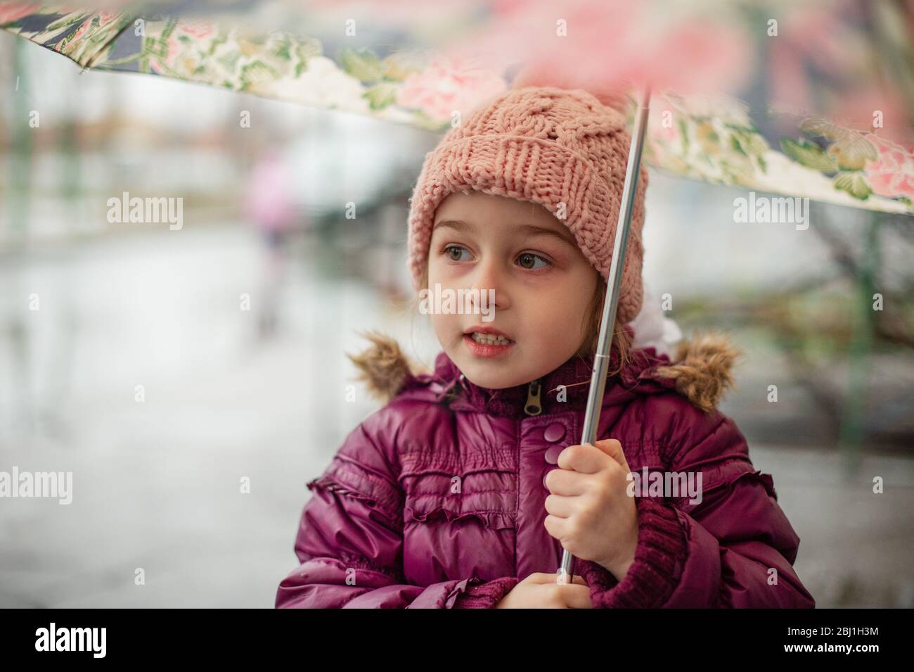 Little girl under the umbrella outside, rainy day. Little girl walks