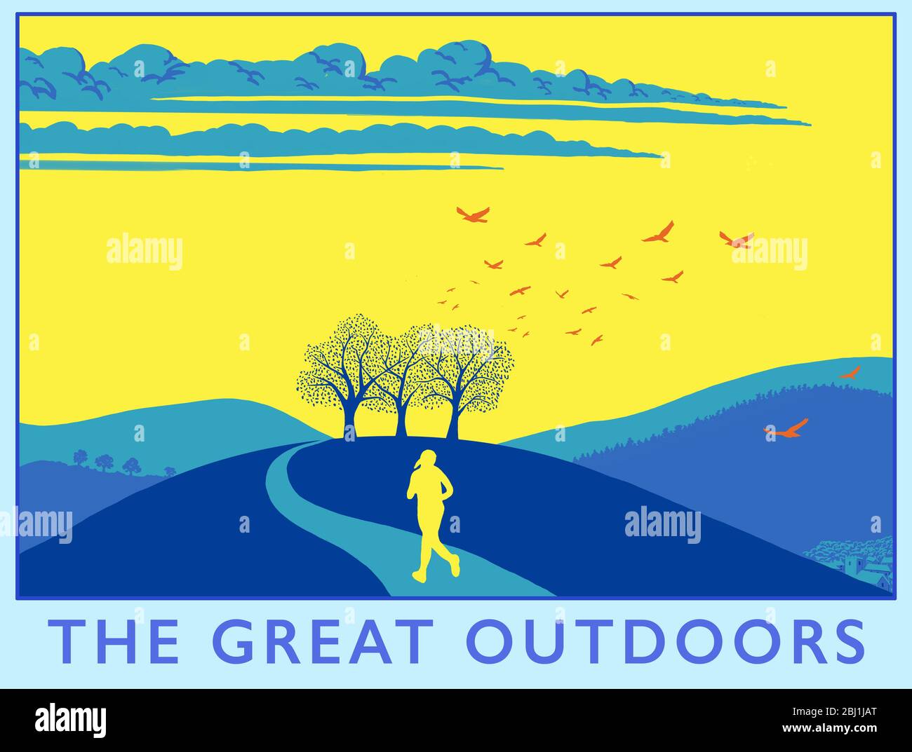 An illustration of a woman running in the British countryside, Britain, UK Stock Photo