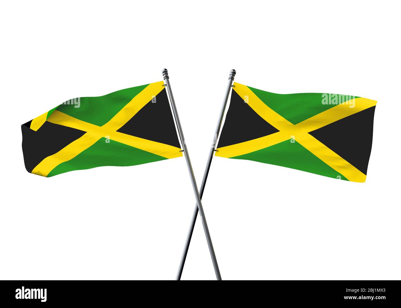 Jamaica flags crossed isolated on a white background. 3D Rendering Stock Photo
