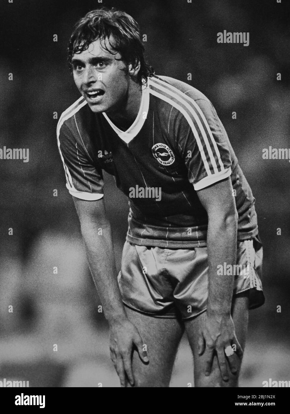 Brighton and Hove Albion's Michael Robinson looks dejected after they had lost to Manchester United in the 1983 FA Cup Final Replay on 26 May 1983 at Wembley Stadium (deceased 2020) Stock Photo