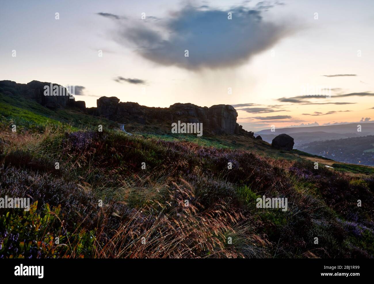Cow and Calf Rock on Ilkley Moor at Sunset at Ilkley Moor Stock Photo