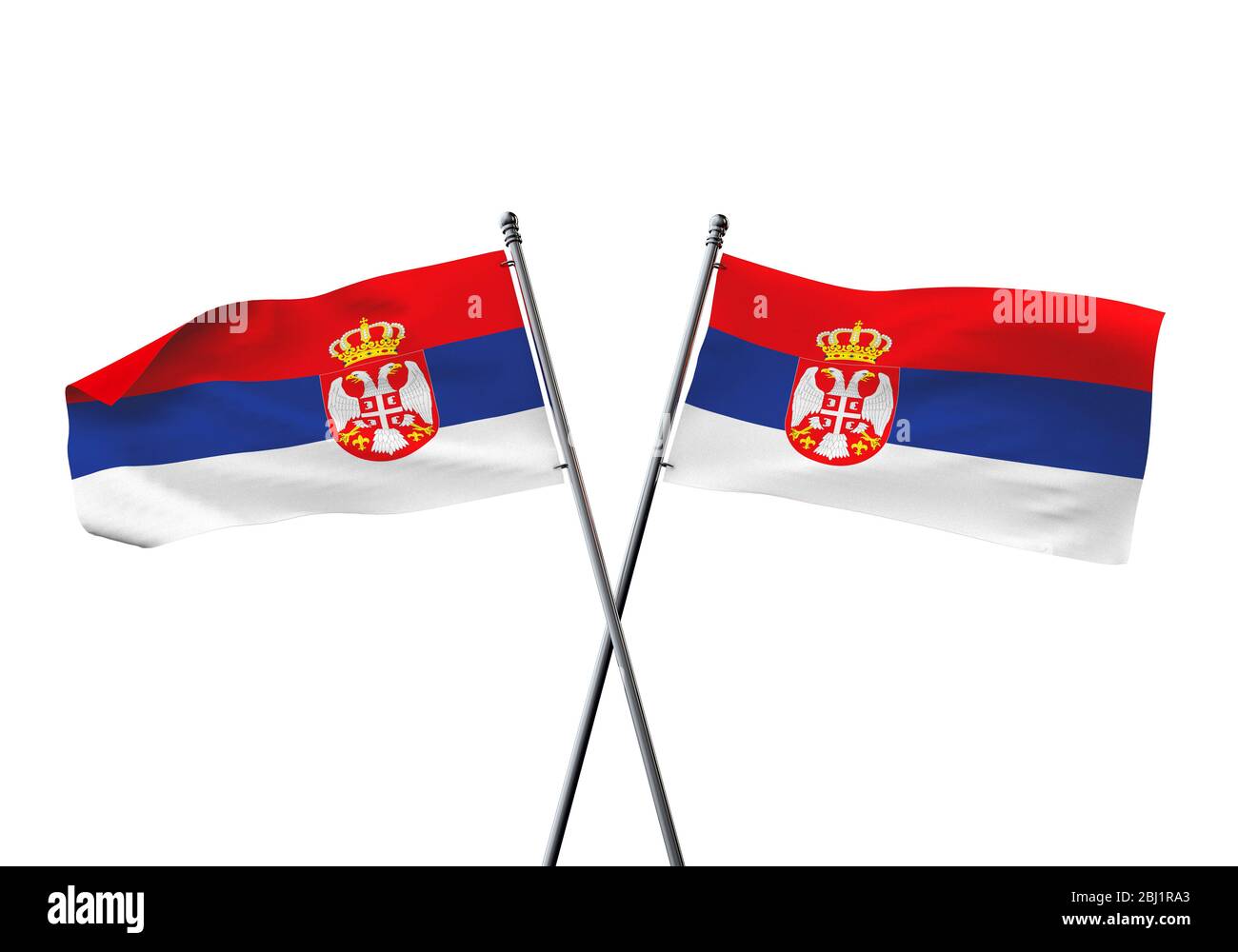 Serbia flags crossed isolated on a white background. 3D Rendering Stock Photo