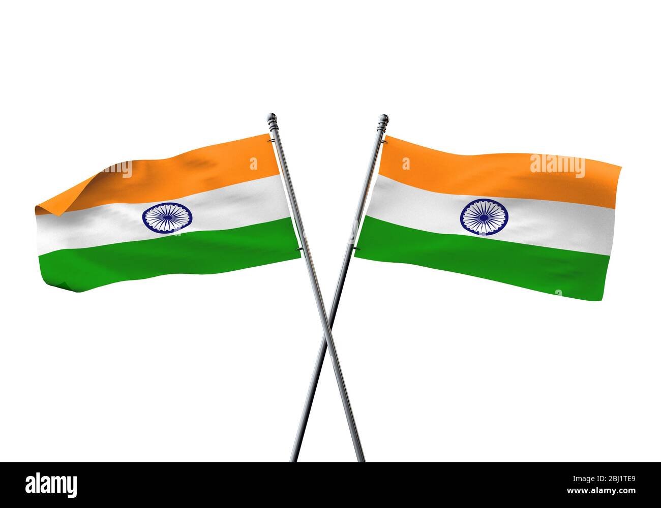 India flags crossed isolated on a white background. 3D Rendering Stock Photo