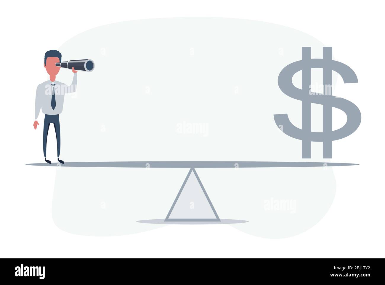 Businessman looking for big money on seesaw. Man using telescope looking for success, opportunities, future business trends. Stock Vector