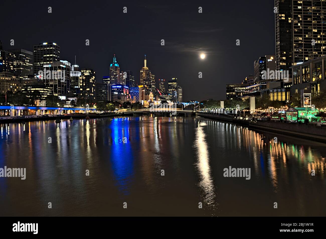 The skyline of Melbourne and the Yarra river during supermoon Stock Photo