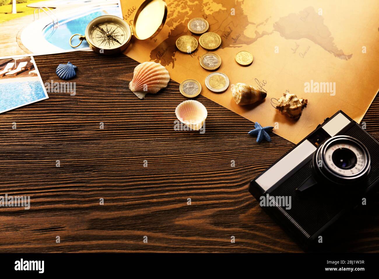 Beautiful composition with sea accessories on table close up Stock Photo