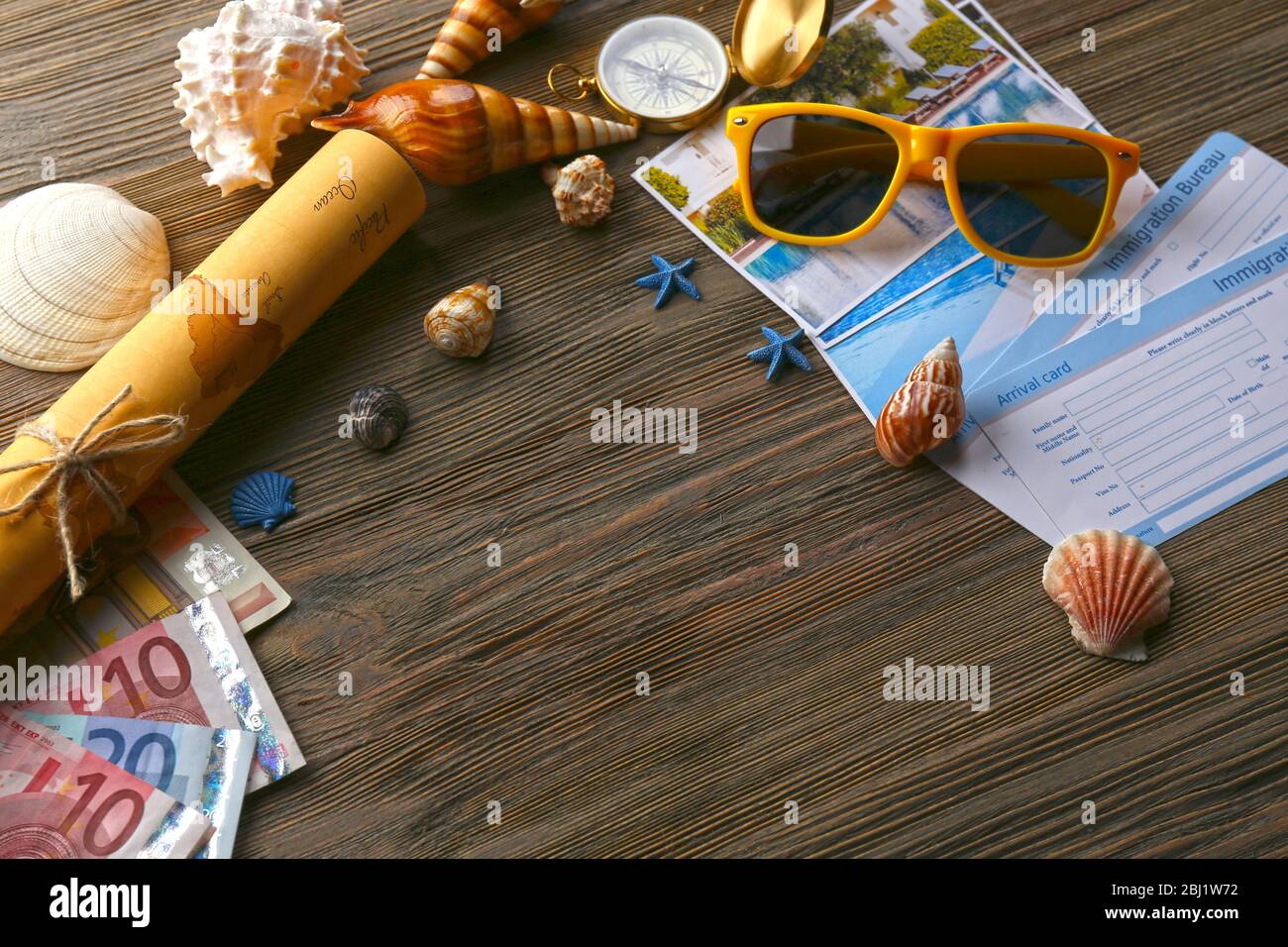 Beautiful composition with sea accessories on table close up Stock Photo