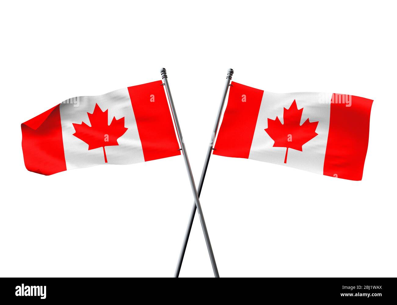 Canada flags crossed isolated on a white background. 3D Rendering Stock Photo