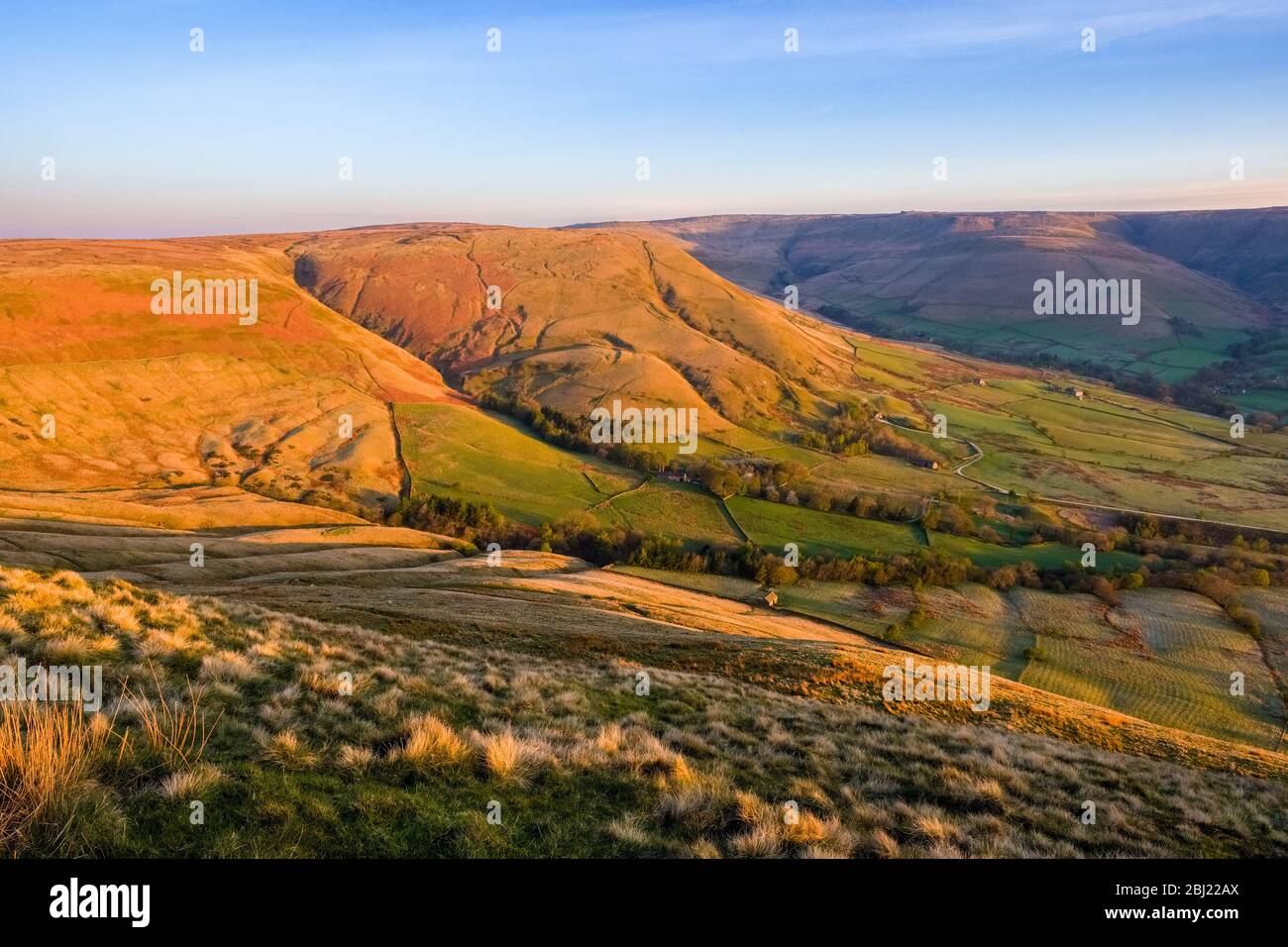 Dawn in The Edale valley and Kinder Scout in the Derbyshire Peak District National Park. Stock Photo