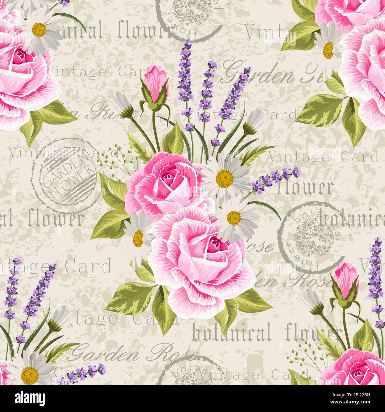 Seamless floral pattern with pink roses and lavenders on vintage postcard  background. Vector illustration Stock Vector Image & Art - Alamy
