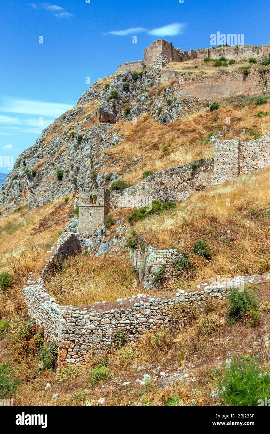The castle of Akrokorinthos, known as a fortress from the antiquity and constructed as seen today during byzantine and medieval times. Stock Photo