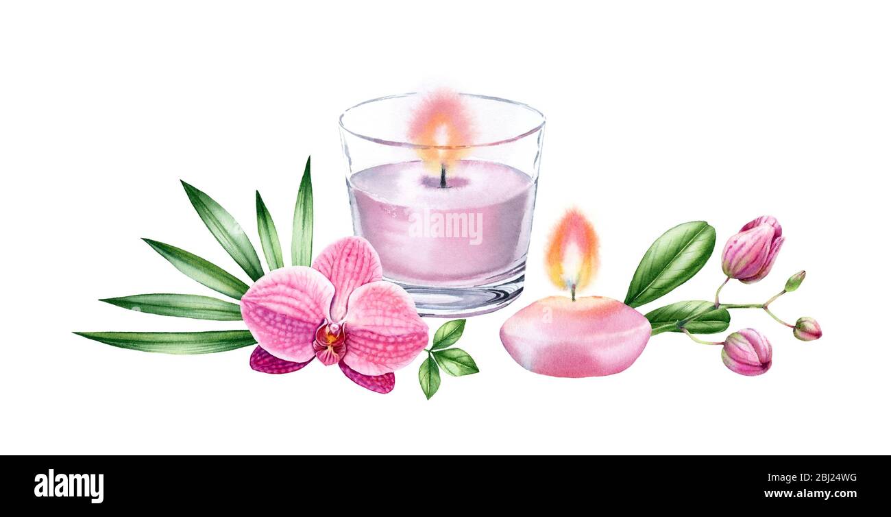 Watercolor candles with tropical flowers. Pink orchid and palm leaves. Spa and cosmetic products isolated on white background. Realistic hand drawn Stock Photo