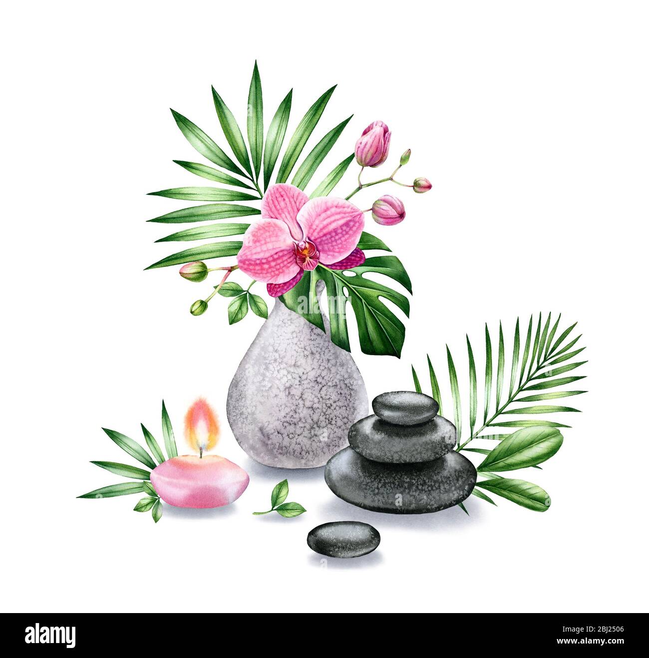 Watercolor vase with orchid, candle and spa stones. Tropical bouquet with flowers and palm leaves. Interior decoration of grey stone. Realistic Stock Photo