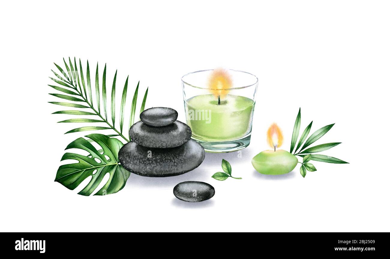 Watercolor candles arrangement. Two green candles and basalt stones in pyramid. Realistic glass painting. Spa and cosmetic products isolated on white Stock Photo