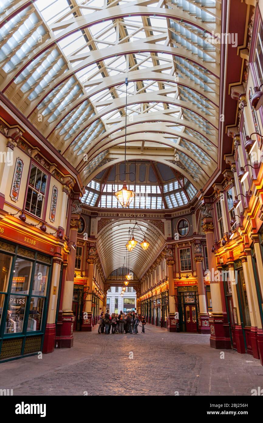The interior of the Victorian East Arcade of Leadenhall Market designed by Sir Horace Jones, London Stock Photo