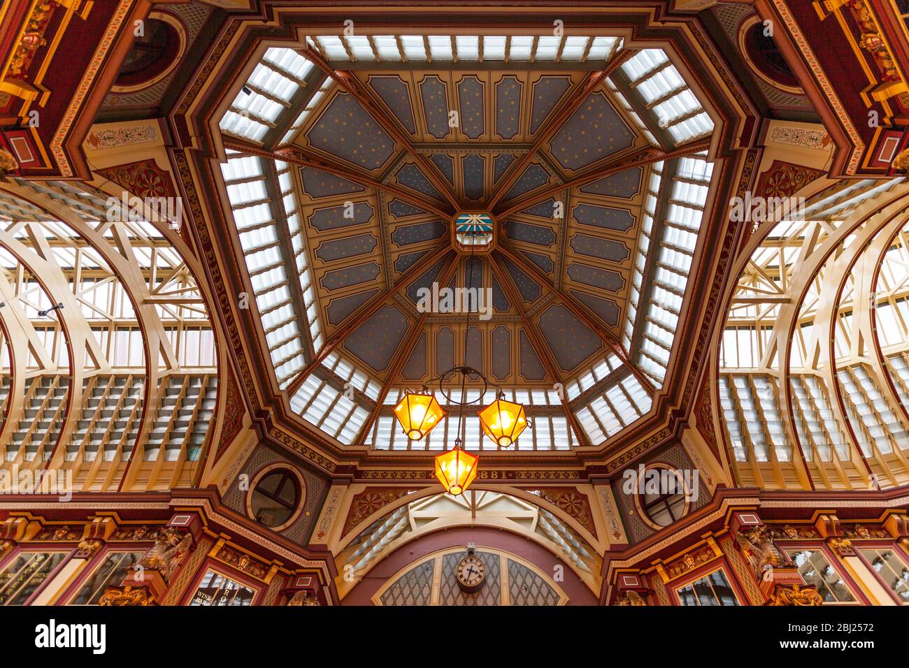 The ornate ceiling of the centre of Victorian Leadenhall Market designed by Sir Horace Jones , London, England Stock Photo