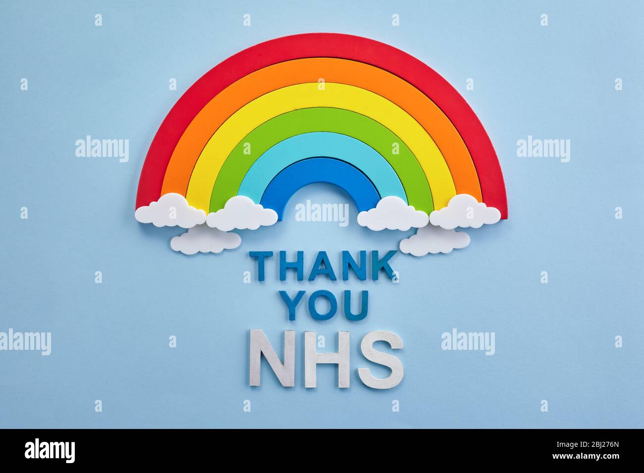 Thank you nhs rainbow banner. Rainbow ob blue background with letters