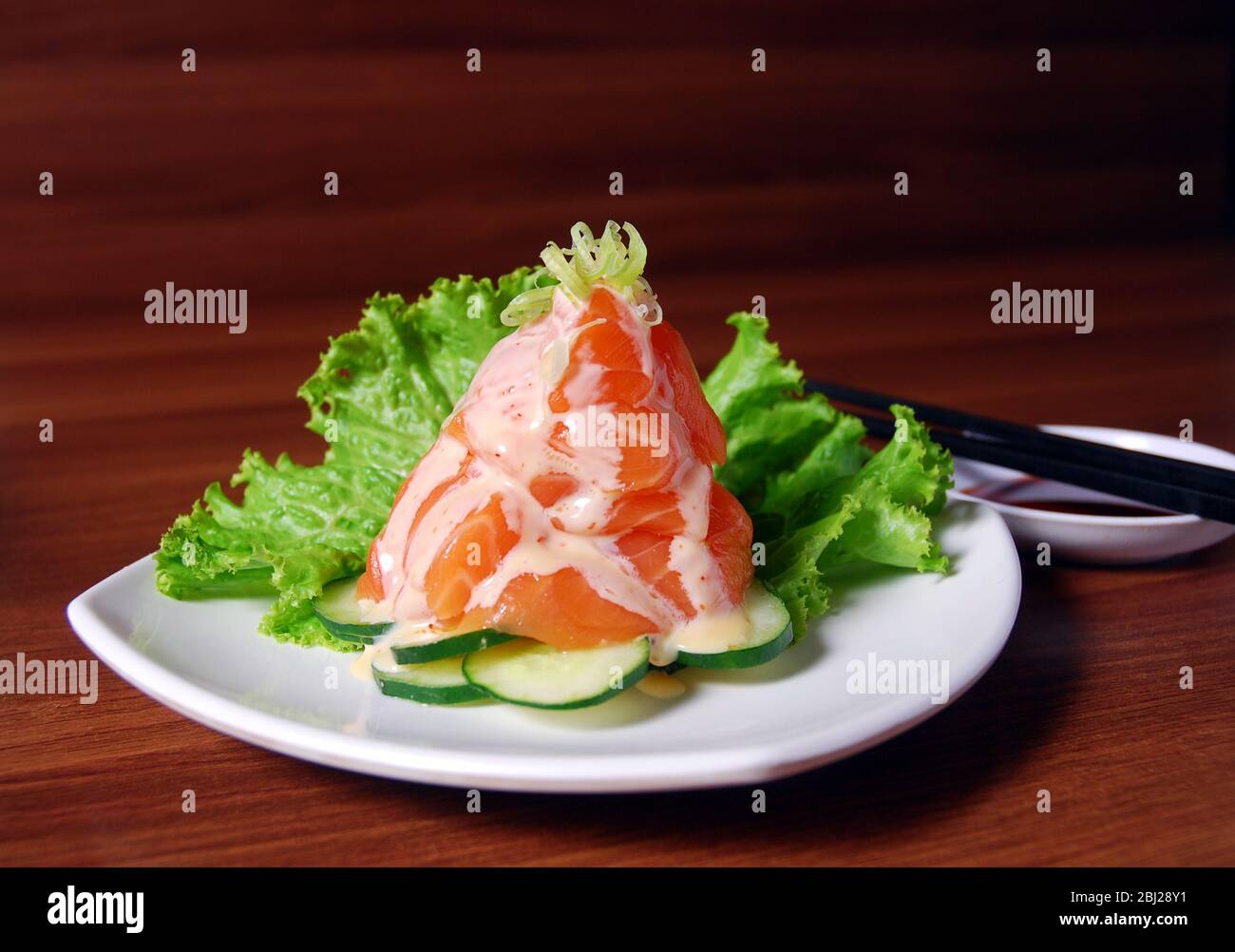 Japanese food styling presentation with lettuce and cucumber Stock Photo