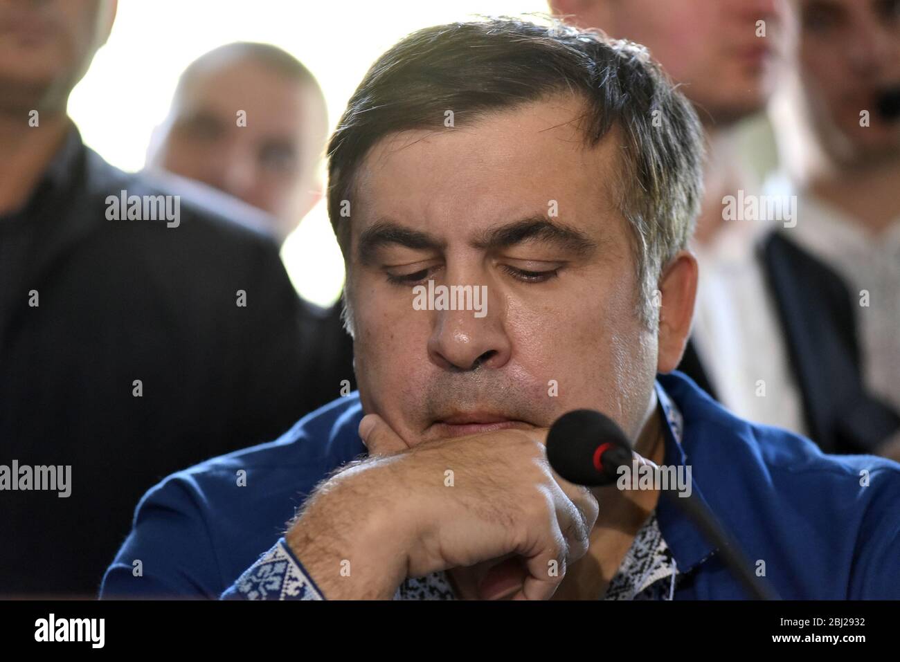 Mostyska, Ukraine, 18 September 2017. Former Georgian president and ex-Odessa Governor Mikheil Saakashvili  speaks during a trial session in a Mostyskiy district court. Stock Photo