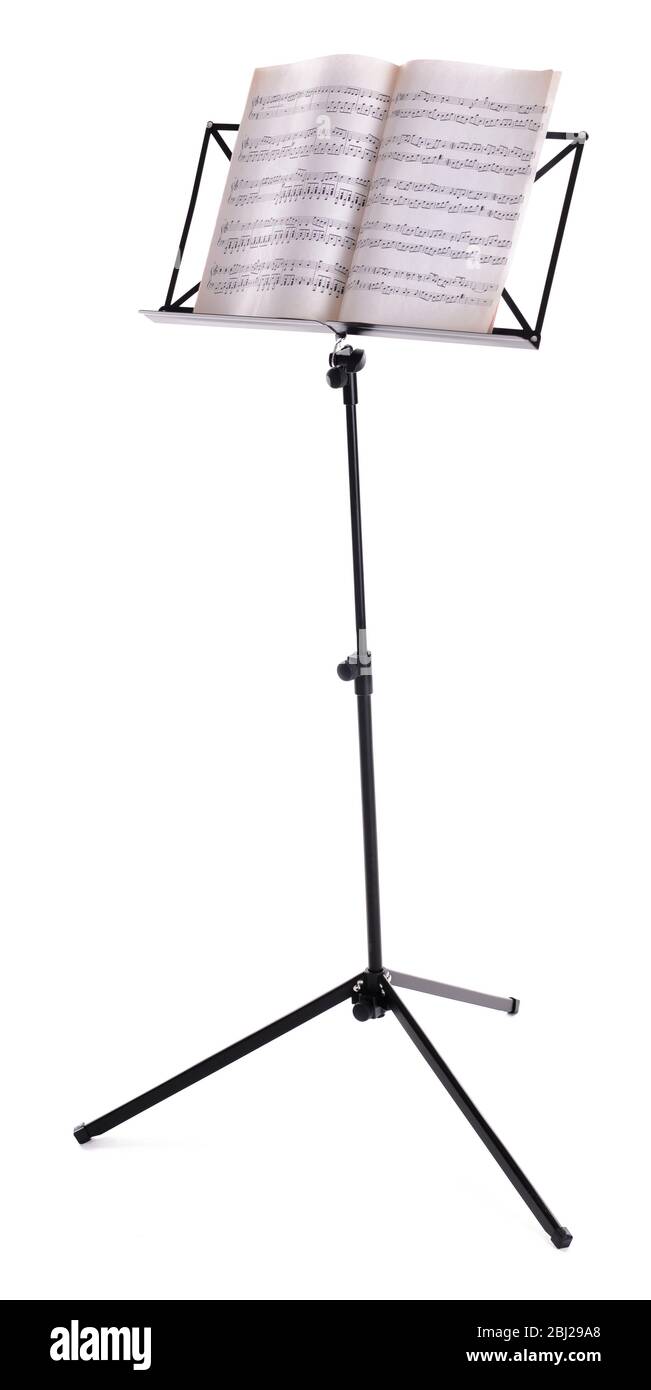 Music sheets on stand isolated on white Stock Photo Alamy