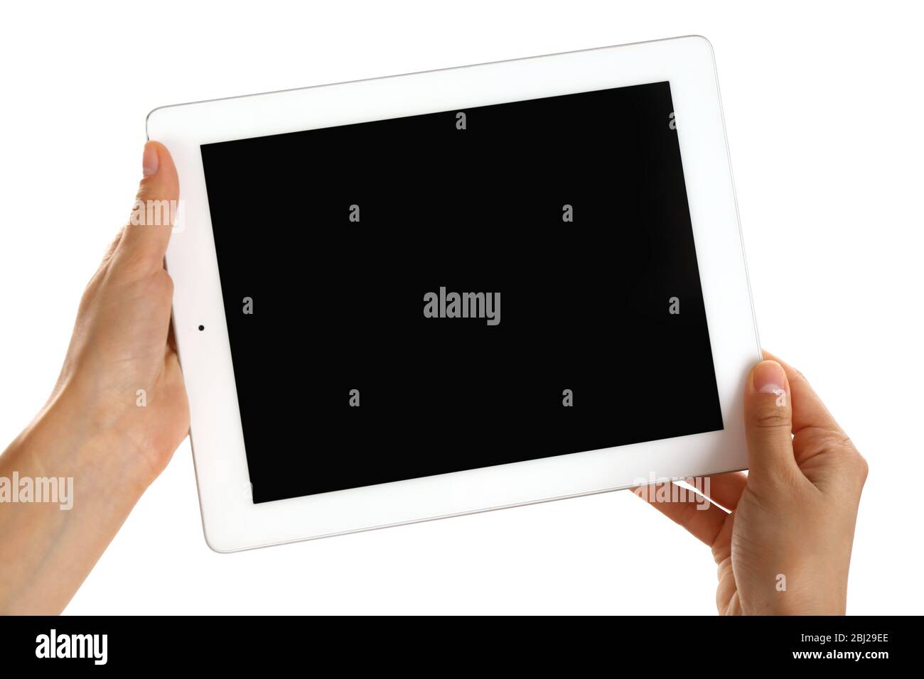 Female hands holding tablet with blank screen isolated on white Stock ...