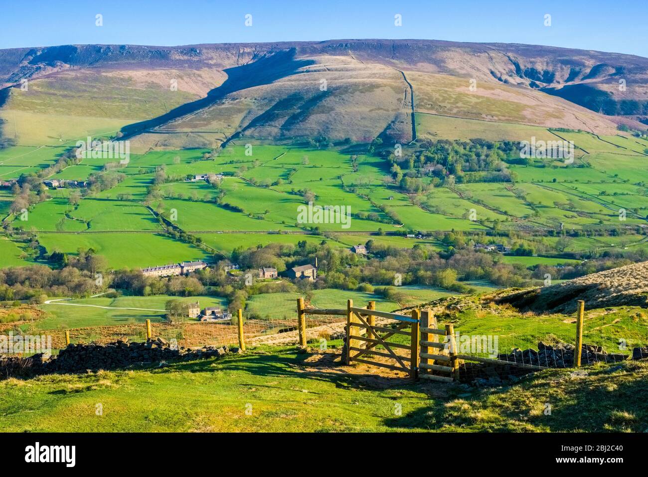 The Edale valley and Kinder Scout in the Derbyshire Peak District National Park. View from Hollins Cross. Stock Photo