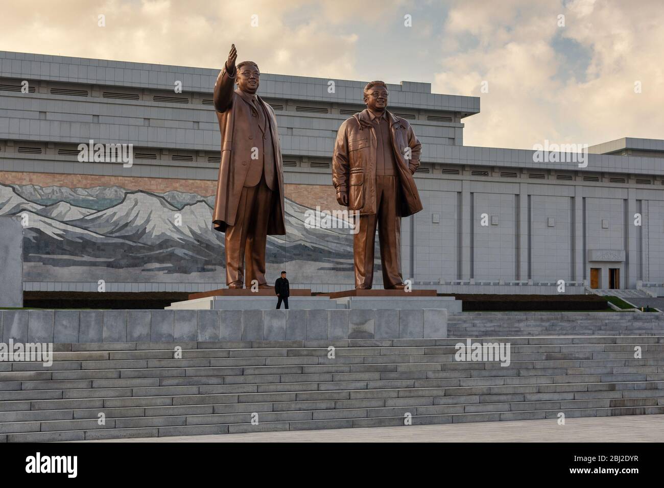 Pyongyang / DPR Korea - November 12, 2015: Bronze statues of deceased supreme North Korean leaders Kim Il-sung and Kim Jong-il at the Grand Monument o Stock Photo