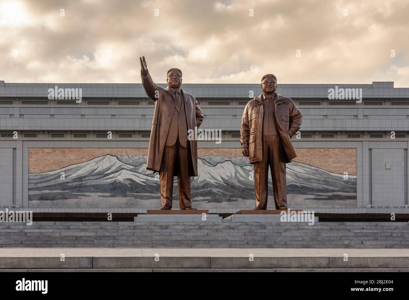 Pyongyang / DPR Korea - November 12, 2015: Bronze statues of deceased supreme North Korean leaders Kim Il-sung and Kim Jong-il at the Grand Monument o Stock Photo