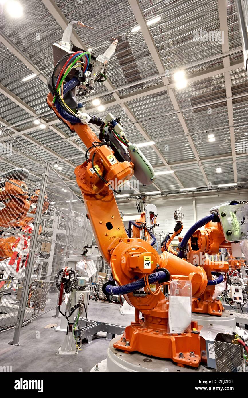 Robotic manipulator arm with spot welding attachment as used in vehicle ...