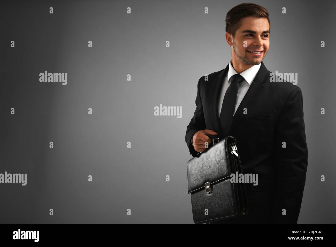 Elegant man in suit with briefcase on gray background Stock Photo - Alamy