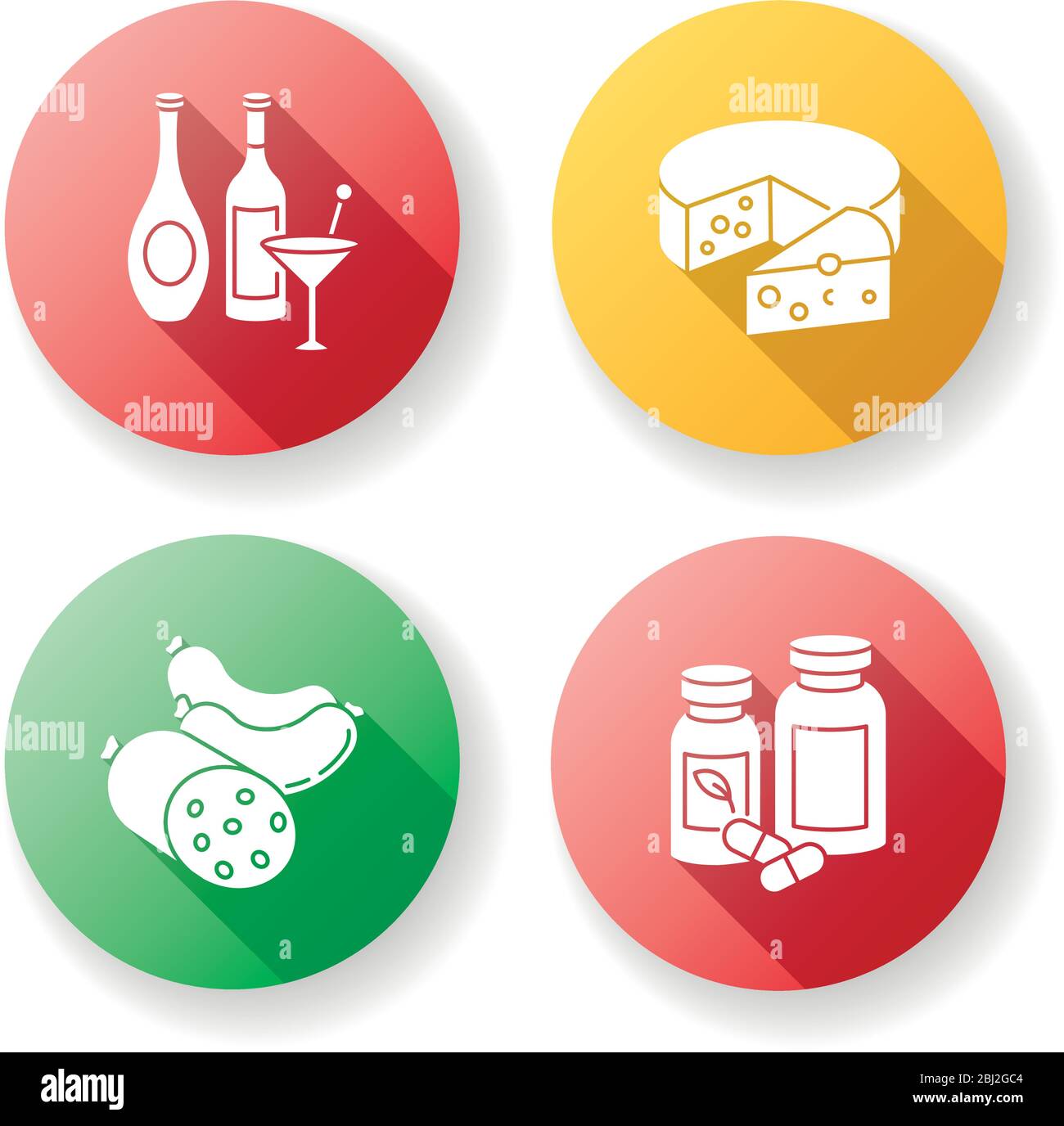 Grocery items flat design long shadow glyph icons set Stock Vector