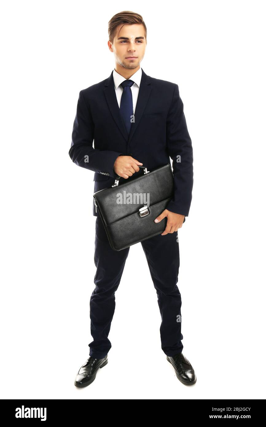 Elegant man in suit with briefcase isolated on white Stock Photo - Alamy