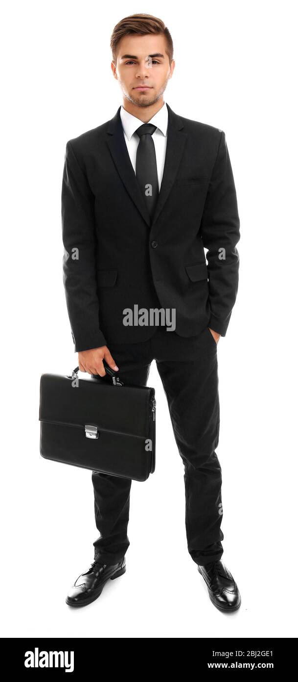 Elegant man in suit with briefcase isolated on white Stock Photo - Alamy