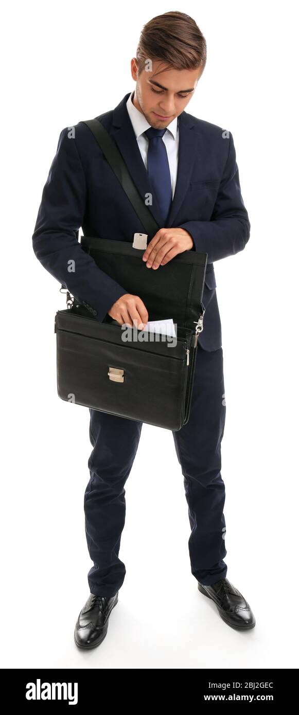 Elegant man in suit with briefcase isolated on white Stock Photo - Alamy