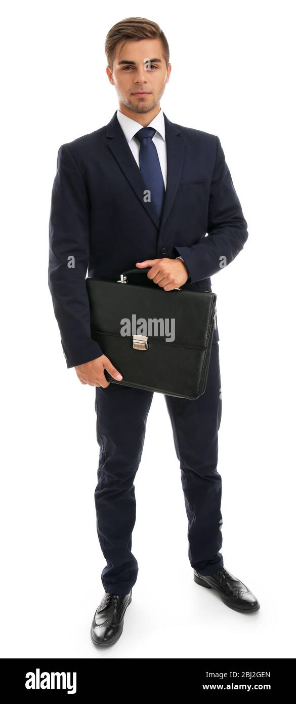 Elegant man in suit with briefcase isolated on white Stock Photo - Alamy
